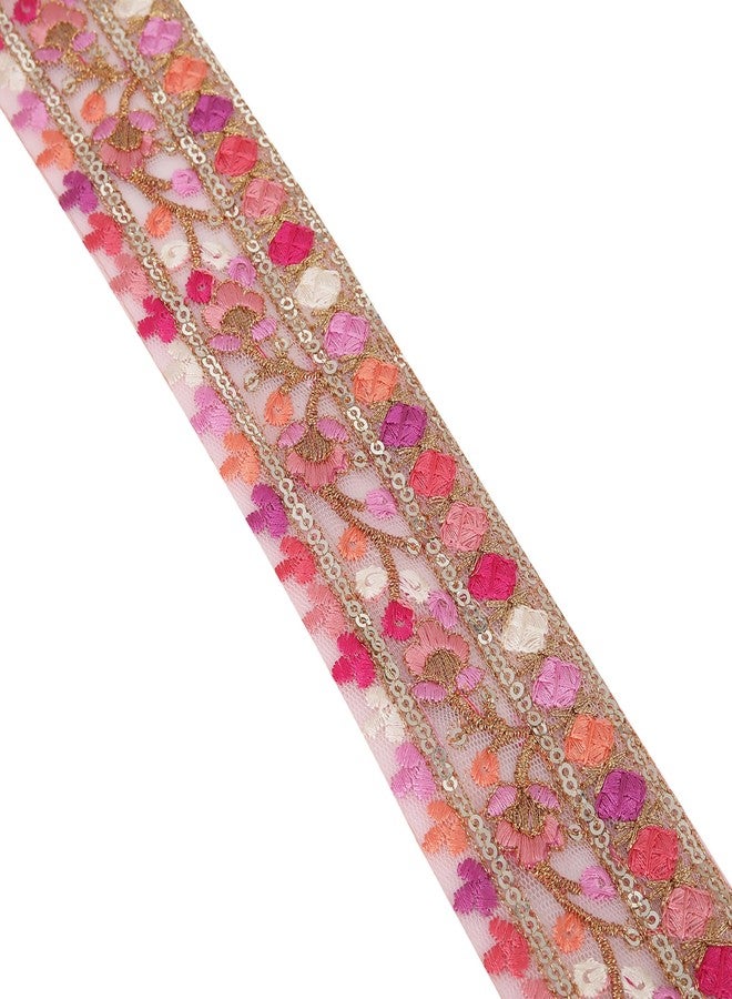 DaSync دانتيل وردي من داسينك، مطرز بتطريزات زهرية، مناسب للساري والبلوزات والأوشحة المتعددة، وفساتين النساء، والبدلات، والتنانير، والفساتين القصيرة، والشالات، والحرف اليدوية، بطول 9 أمتار. - Image 1